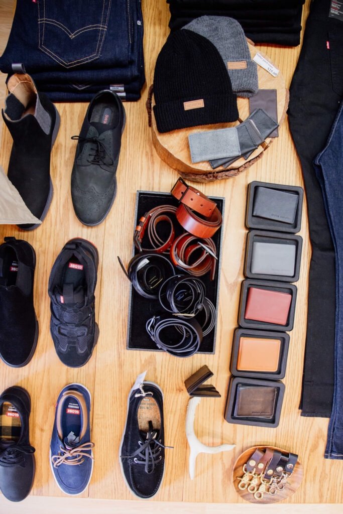 Shoes and wallets on display at a shop in Victoria, BC.