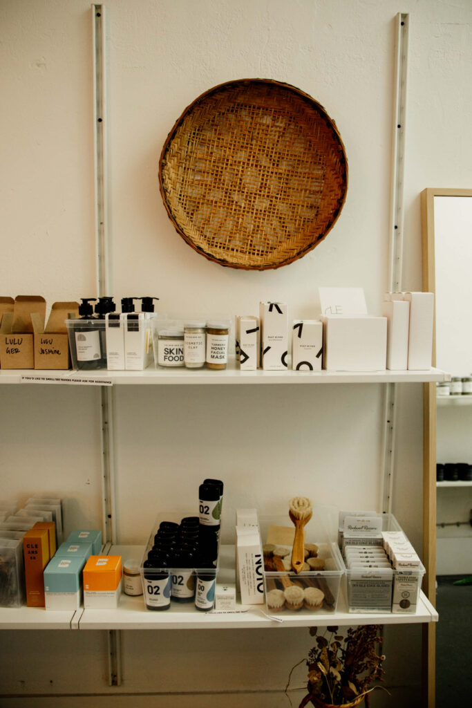 Products on a shelf at a shop.