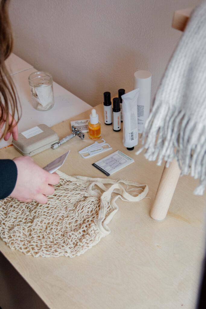 Products are set up on a table for a social media photo.