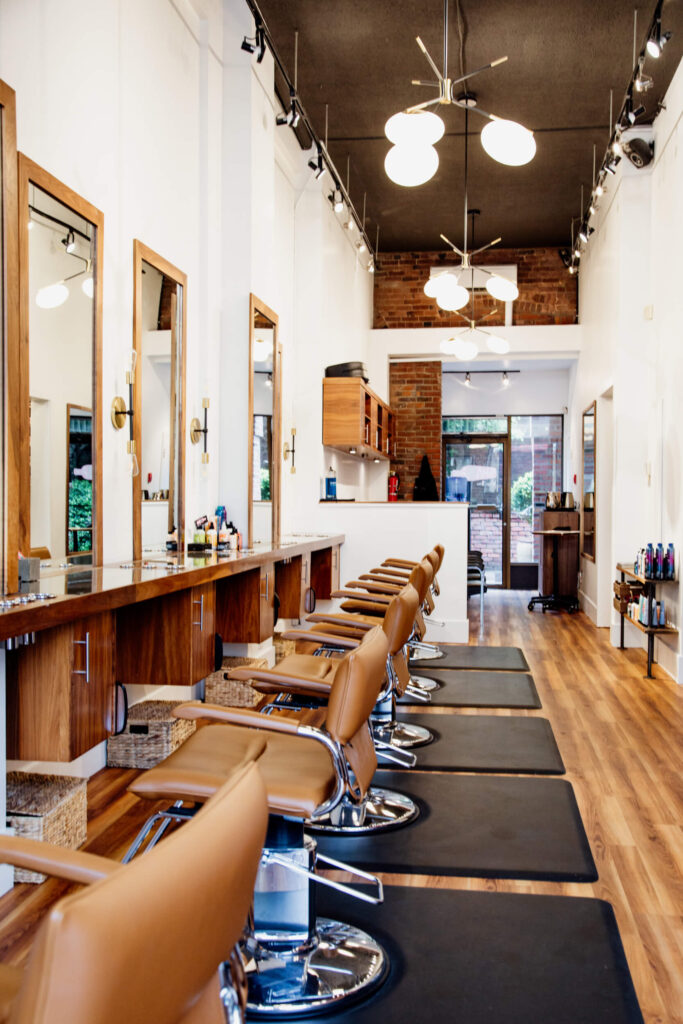 View of salon chairs.