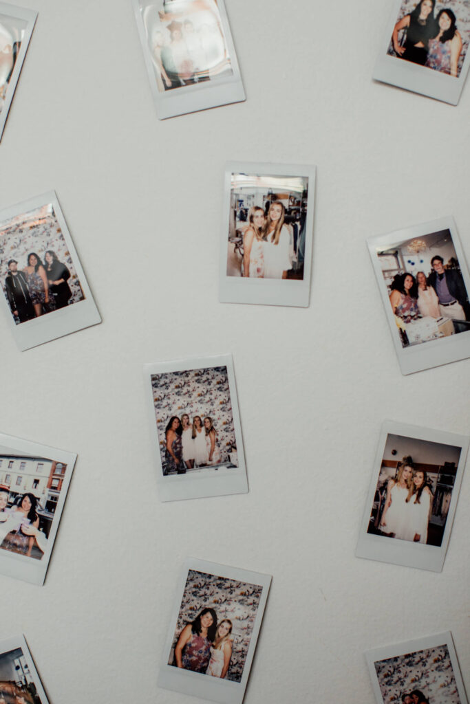 A collection of polaroid photos of people at a party.