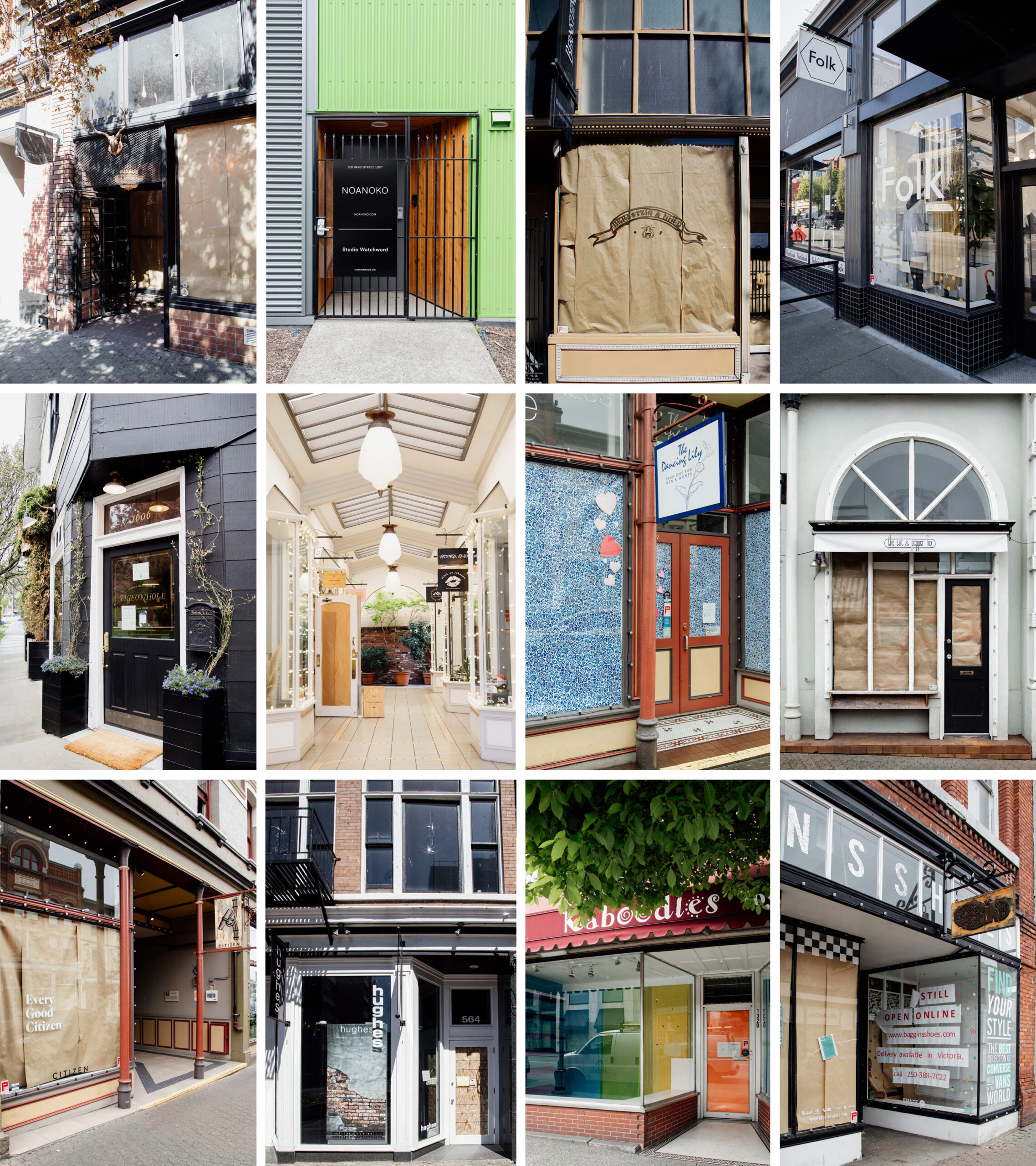 A mosaic of storefronts with paper on the windows during COVID-19 lockdown.