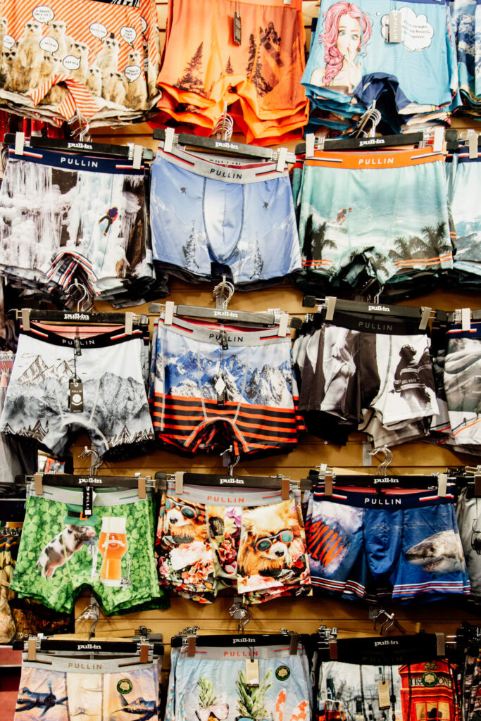 Boxer shorts hung up on a wall in a shop in Victoria, BC.