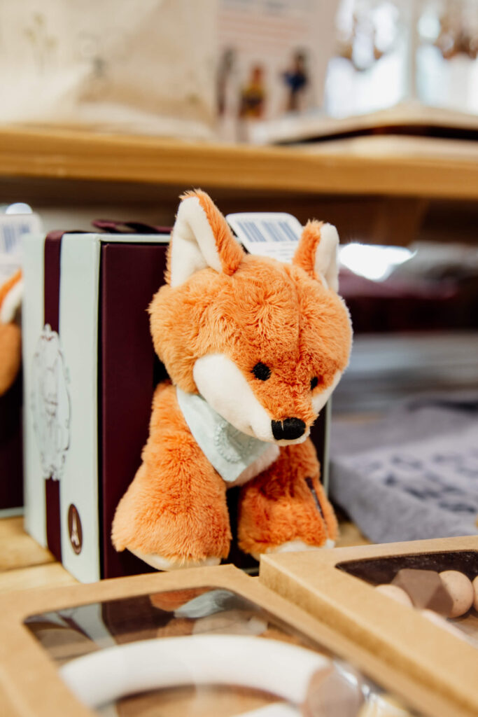 A stuffed fox plush toy in a shop in Victoria, BC.