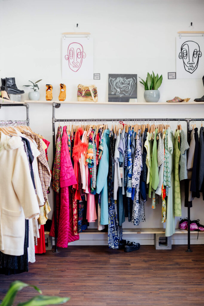 Clothing on a rack in a consignment shop in Victoria, BC.