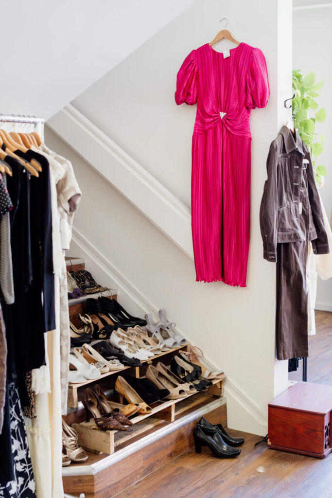 Shoes and dresses in a consignment shop in Victoria, BC.