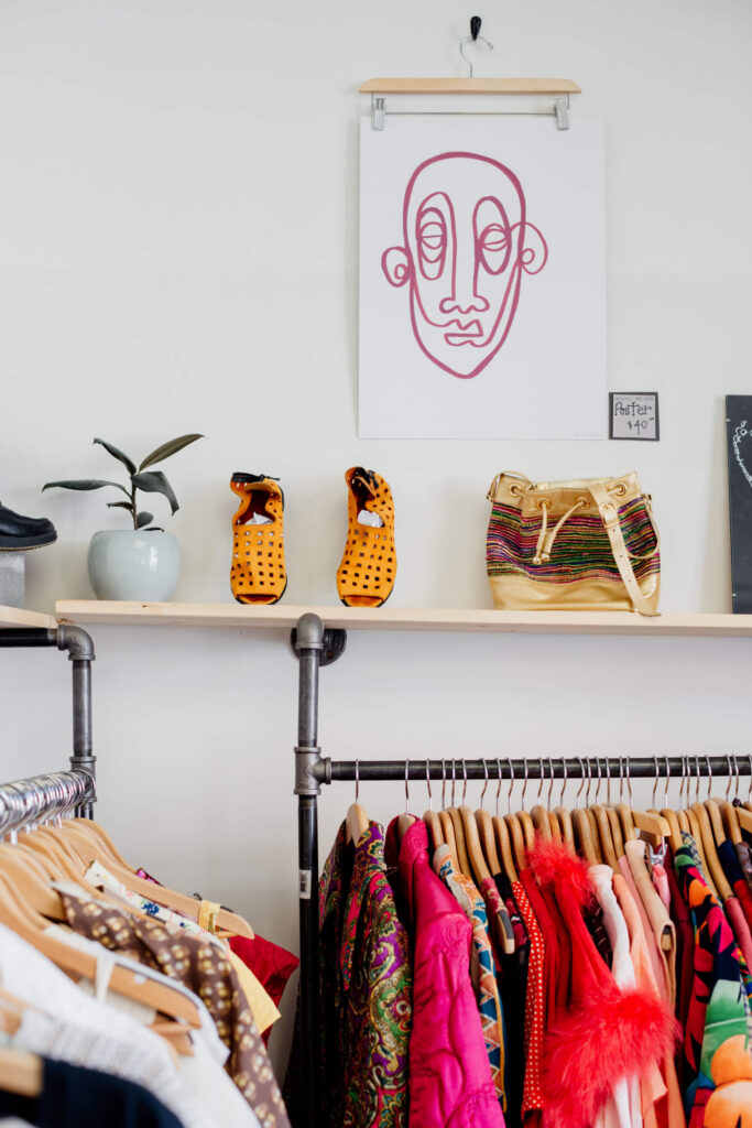 A rack with vintage clothing in a shop in Victoria, BC.