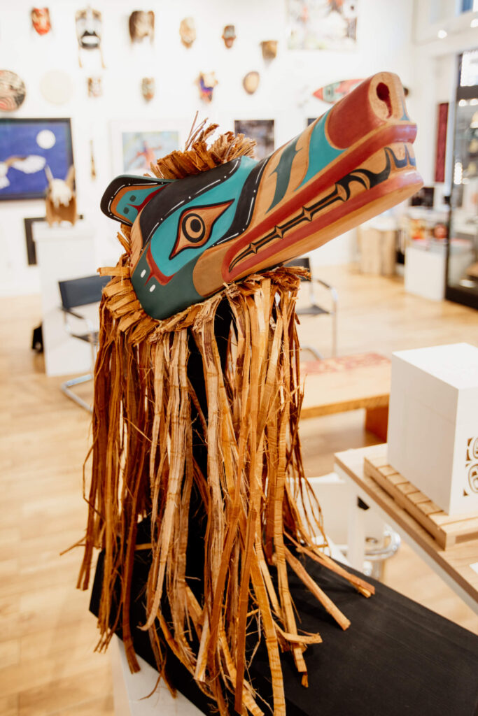 Mask on display in an Indigenous art gallery in Victoria, BC.