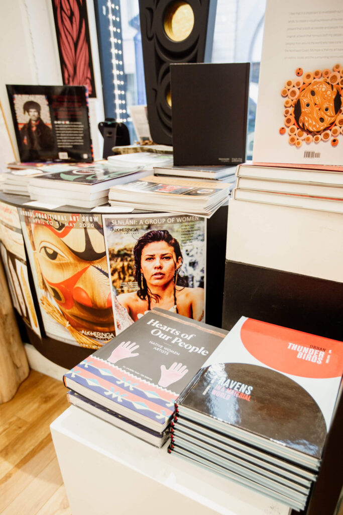 Books and magazines in an Indigenous art gallery in Victoria, BC.